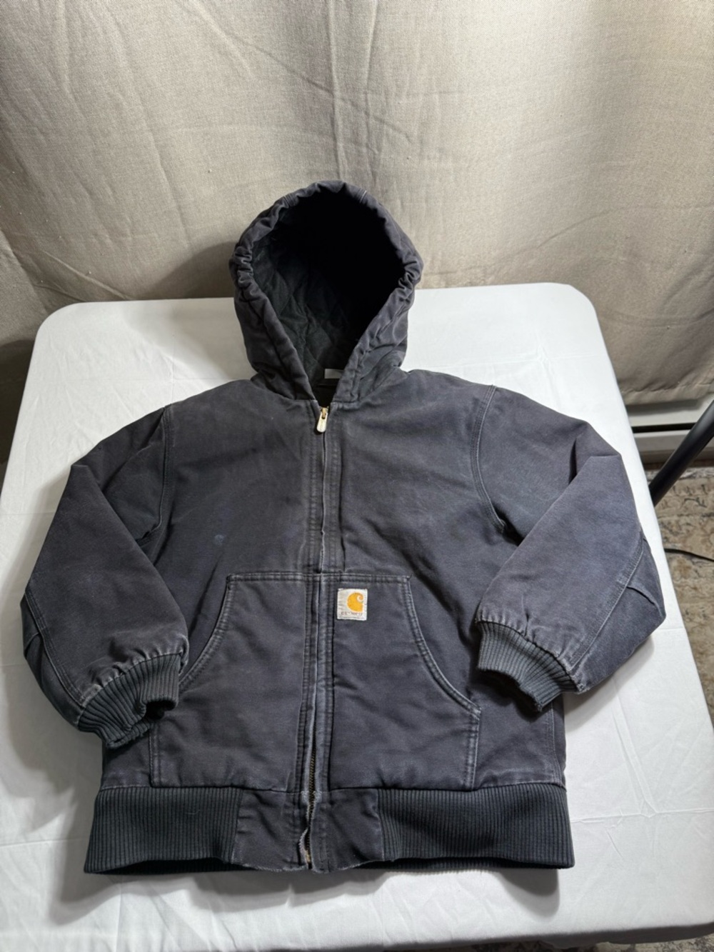 CARHARTT Youth Jacket Distressed Warm Quilted Workwear Petrol Black Size M 10-12